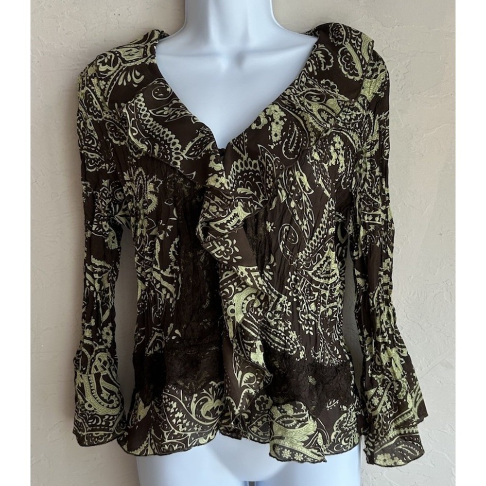 Vintage 90s Y2K Button Up Top L Ruffle Bell‎ Lace Whimsigoth Fairy Green Brown